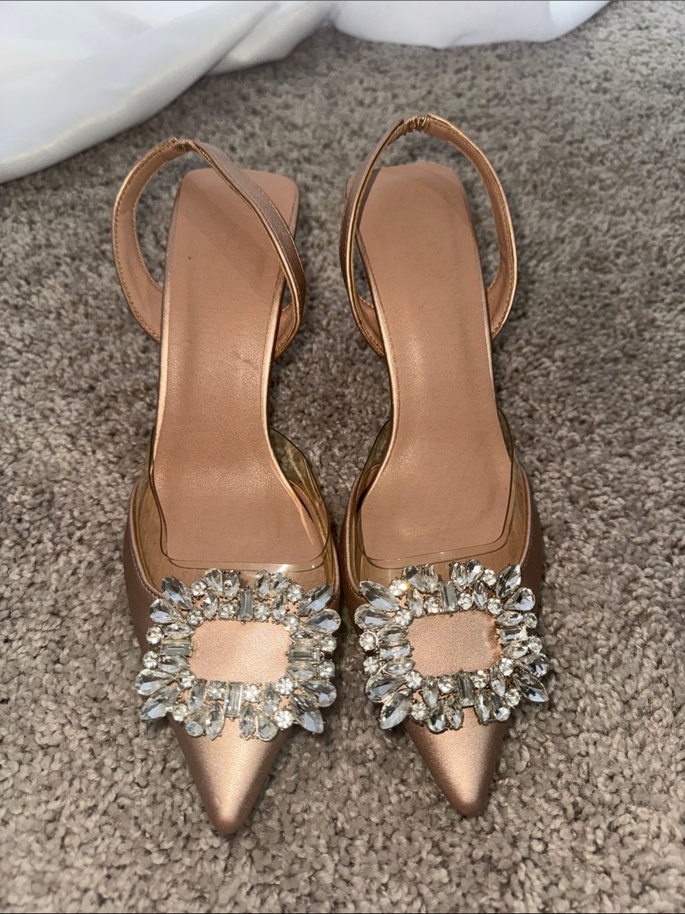 SHEIN Crystal Buckle Pointed Slingback Heels in Nude